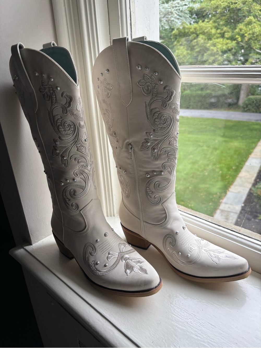 Ivory Pearl and Embroidered Western Knee-High Boots